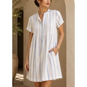 Faherty 100% Linen Shift Dress Coquette Pockets Coastal Nautical Blue Stripes M